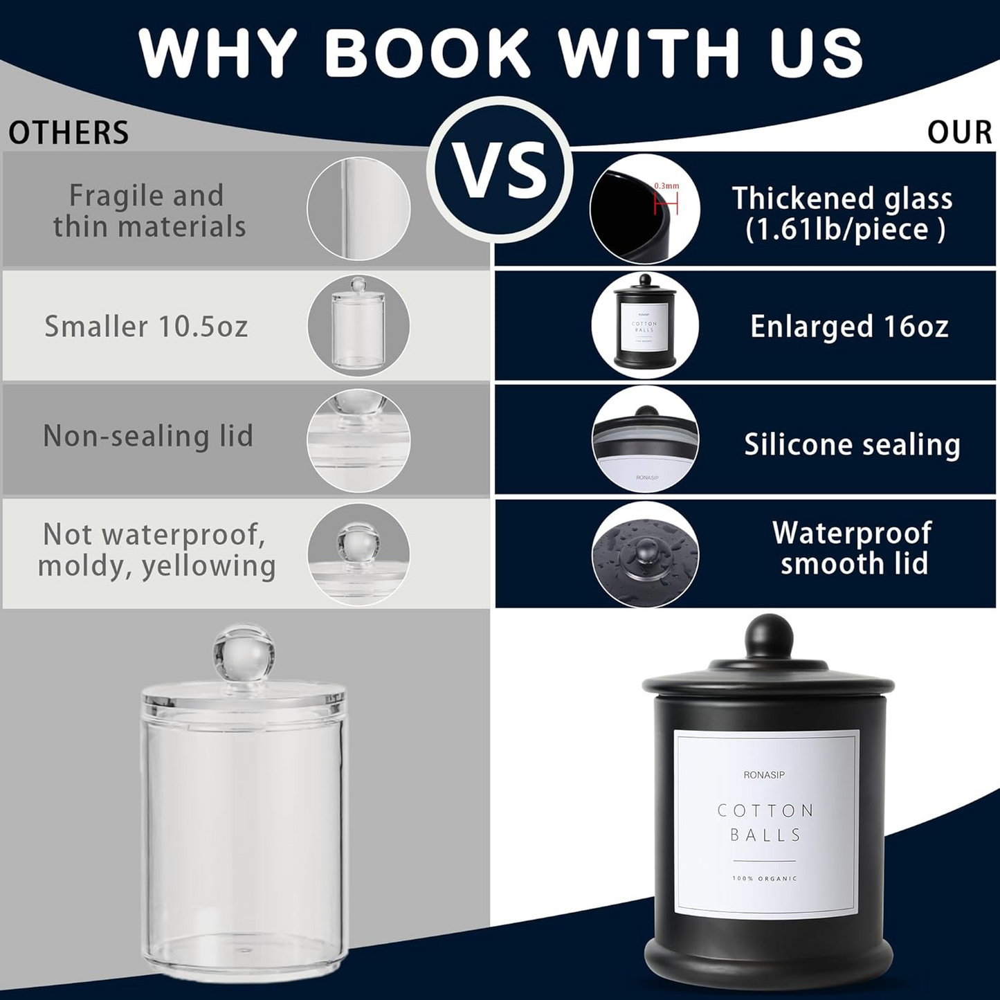 3 Pack Qtip Holder Dispenser, 16oz bathroom Organizer and Storage Canisters, glass vanity organizer with lid - Home Decor, Room Decor Aesthetic (Frosted White)