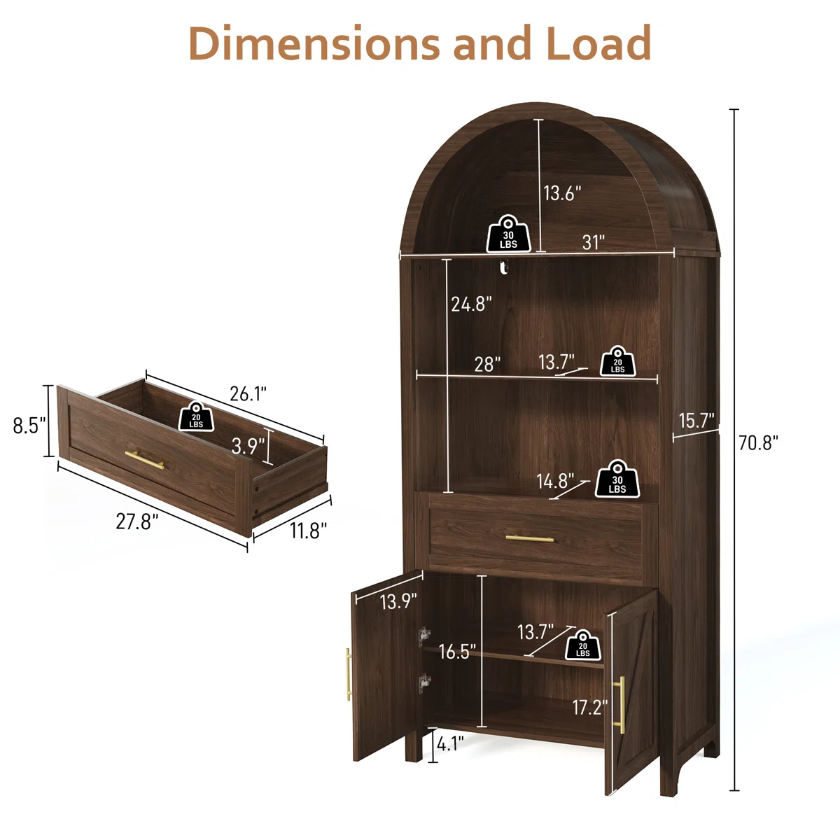 70''H Wood Arched Cabinet 5-Tier Bookcase Kitchen Pantry Storage Cabinet