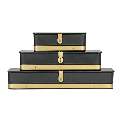 Creative Co-Op Decorative Metal Boxes with Lid, Black with Gold Band, Set of 3