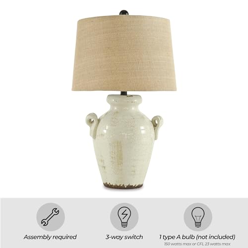 Signature Design by Ashley Emelda Farmhouse 27" Ceramic Table Lamp, Cream Glaze Crackle Finish