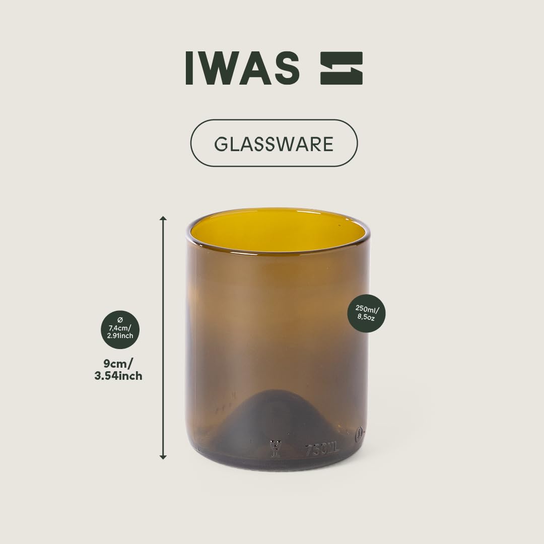 IWAS Upcycled Olive Drinking Glasses | 250 ML | 8.45 OZ | Set of 6 | Sustainable Water Glasses | Environmentally Friendly Dark Brown Glasses For Home