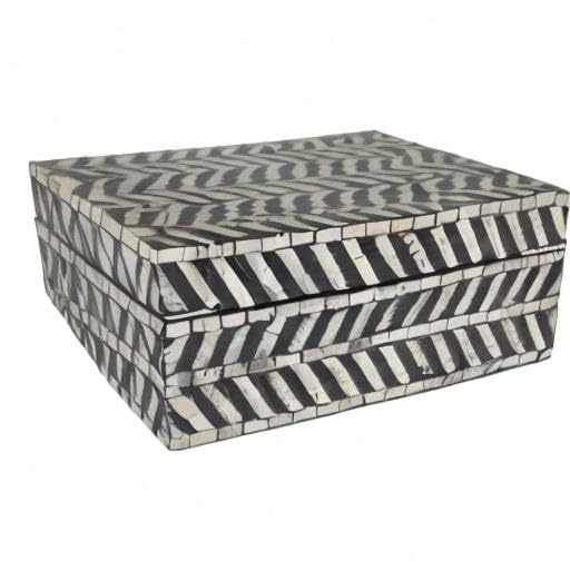 Deco 79 Mother of Pearl Shell Handmade Decorative Box Chevron Pattern Decorative Keepsake Boxes with Hinged Lid, Set of 2 Storage Boxes 12", 8"W, Gray