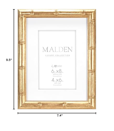 Malden International Designs 4x6 Matted Gold Bamboo PS Moulding Picture Frame Antique Gold Finish White Matboard