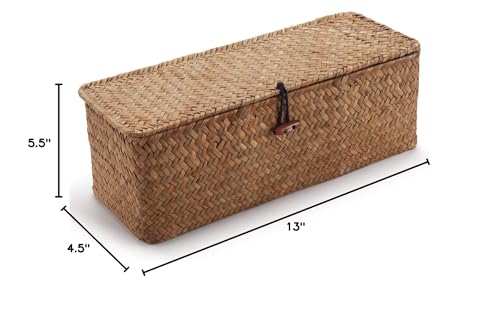 DOKOT Seagrass Woven Storage Basket with Lid, Rectangular Narrow Tampon Toilet Tank Organizer