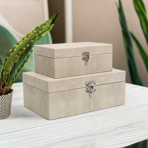 DECOR4SEASON Faux Shagreen Leather Decorative Storage Boxes Set of 2, Ivory