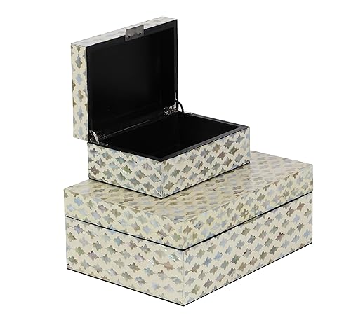 Deco 79 Mother of Pearl Shell Geometric Handmade Decorative Box Storage Decorative Keepsake Boxes with Hinged Lid, Set of 2 Storage Boxes 12", 8"W, Cream