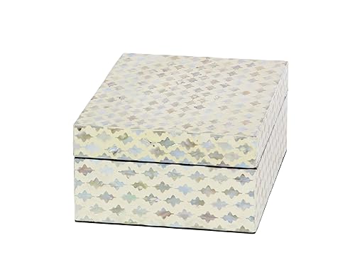 Deco 79 Mother of Pearl Shell Geometric Handmade Decorative Box Storage Decorative Keepsake Boxes with Hinged Lid, Set of 2 Storage Boxes 12", 8"W, Cream