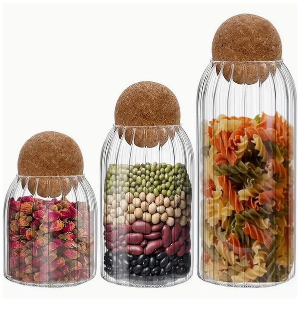 Wisifayardin Glass Jar Set of 3 - Airtight Sealed Cork Lids, Round Glass Bottles for Coffee Beans, Nut Storage, Canisters with Wooden Cork & Ball Lids, Glass Containers