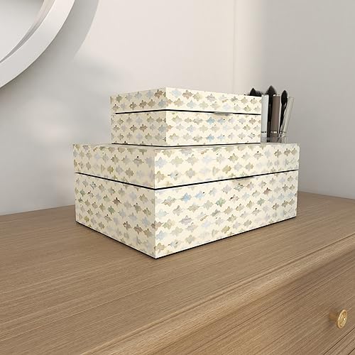 Deco 79 Mother of Pearl Shell Geometric Handmade Decorative Box Storage Decorative Keepsake Boxes with Hinged Lid, Set of 2 Storage Boxes 12", 8"W, Cream