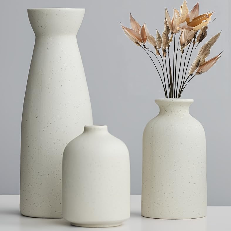 Distressed Ceramic Vase Set of 3, Modern Bohemian Farmhouse Home Decor, Pampas Grass Dried Flowers Vases for Living Room, Dining Room, Bedroom, Kitchen, Bathroom, Office, Entryway (Beige)