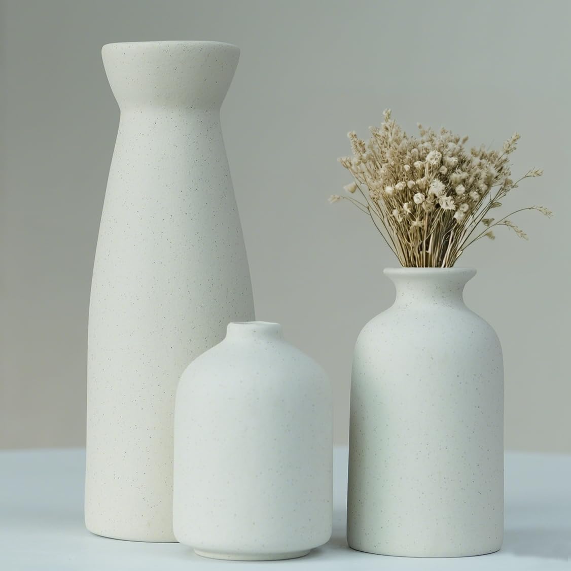 Distressed Ceramic Vase Set of 3, Modern Bohemian Farmhouse Home Decor, Pampas Grass Dried Flowers Vases for Living Room, Dining Room, Bedroom, Kitchen, Bathroom, Office, Entryway (Beige)