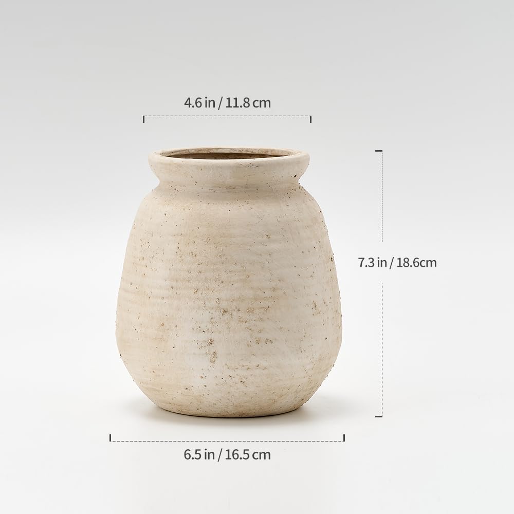 SIDUCAL Ceramic Rustic Farmhouse Vase | 7.3 Inch Pottery Decorative Flower for Home Decor | Sand Glaze Finish Boho Vase for Table, Living Room, Bathroom Decoration, Shelf Decor, Mantel, White