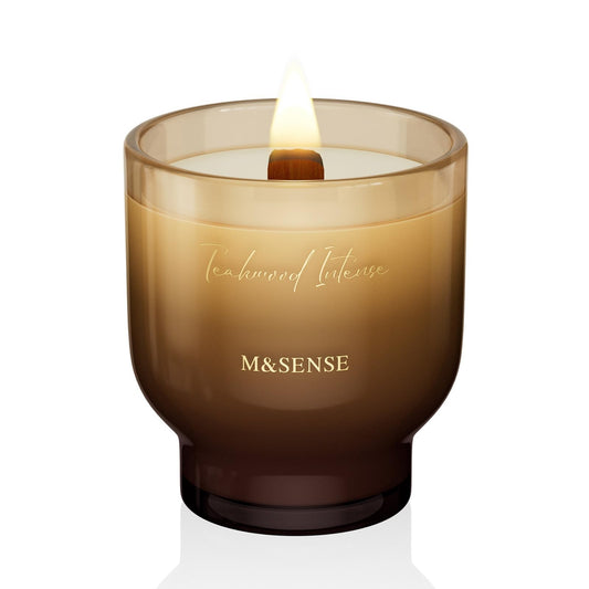 M&SENSE 9.88oz Natural Soy Wax Jar Candle with Wooden Wick | Teakwood Intense Scent | 55-Hour Burn & Long-Lasting Burn | Housewarming Gift for Men and Women