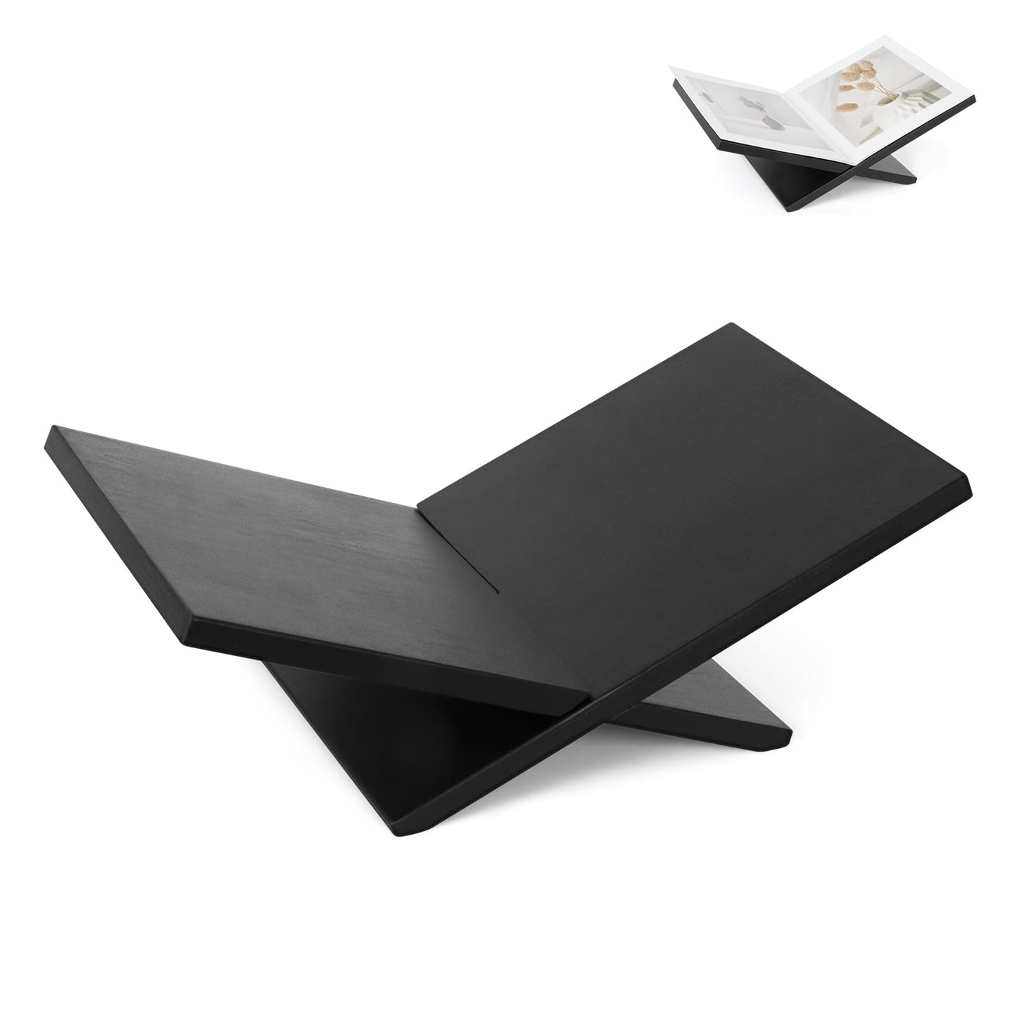 PUERSI Open Display Stand, Wooden Large Book Holder, Coffee Table Stand, Wood Easel for Magazine, Art, Cook Book, Bible, Quran - Black