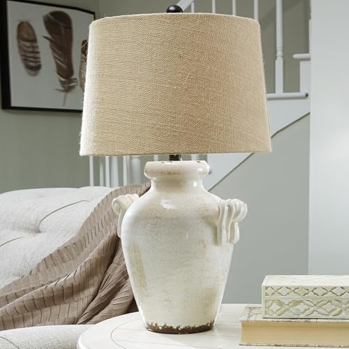 Signature Design by Ashley Emelda Farmhouse 27" Ceramic Table Lamp, Cream Glaze Crackle Finish