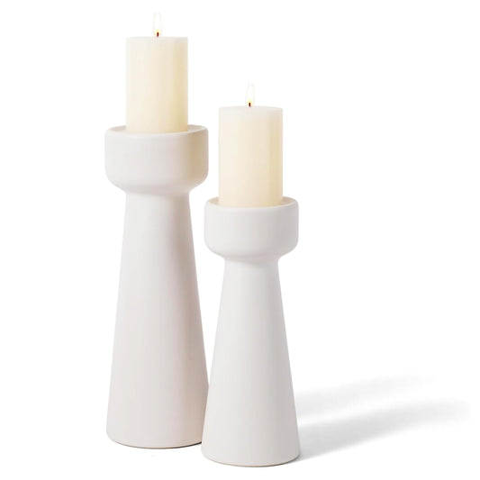 Set of 2 White Ceramic Taper Candle Holders, Matte Decorative Candlestick Holders in Small & Large Sizes for Home Decor, Dining Table, Weddings, Parties, and Aromatherapy