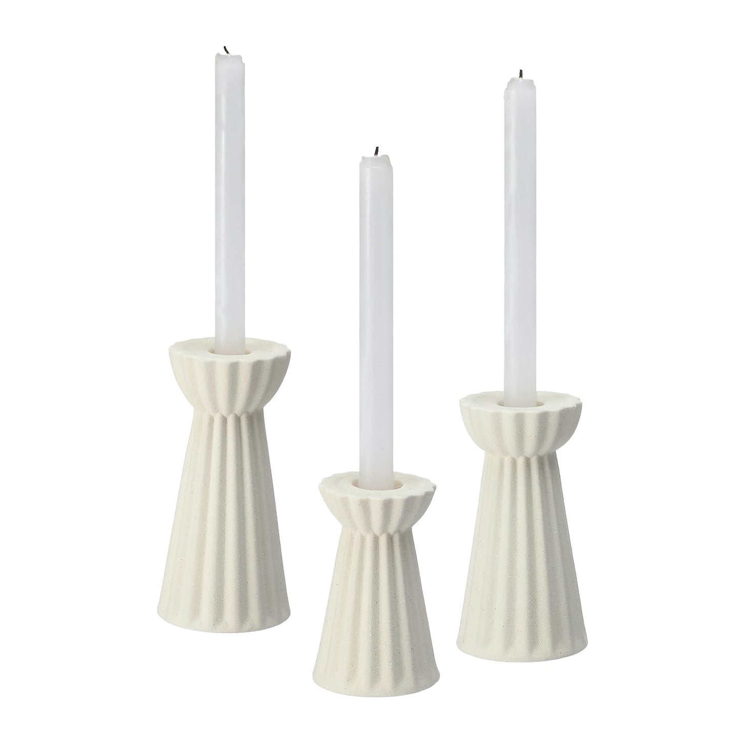 Honeydak Set of 3 Ceramic Taper Candle Holders Fluted Candlestick Holder Beige Candle Stick Stand Nordic Decorative for Wedding Decor Home Dinner Party Boho Desktop Table Centerpiece Housewarming Gift