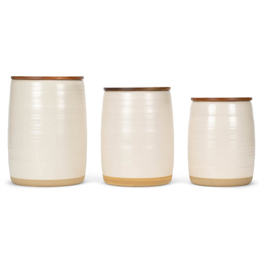 Nat & Jules Lidded Cream 6 inch Ceramic and Wood Kitchen Canisters Set of 3