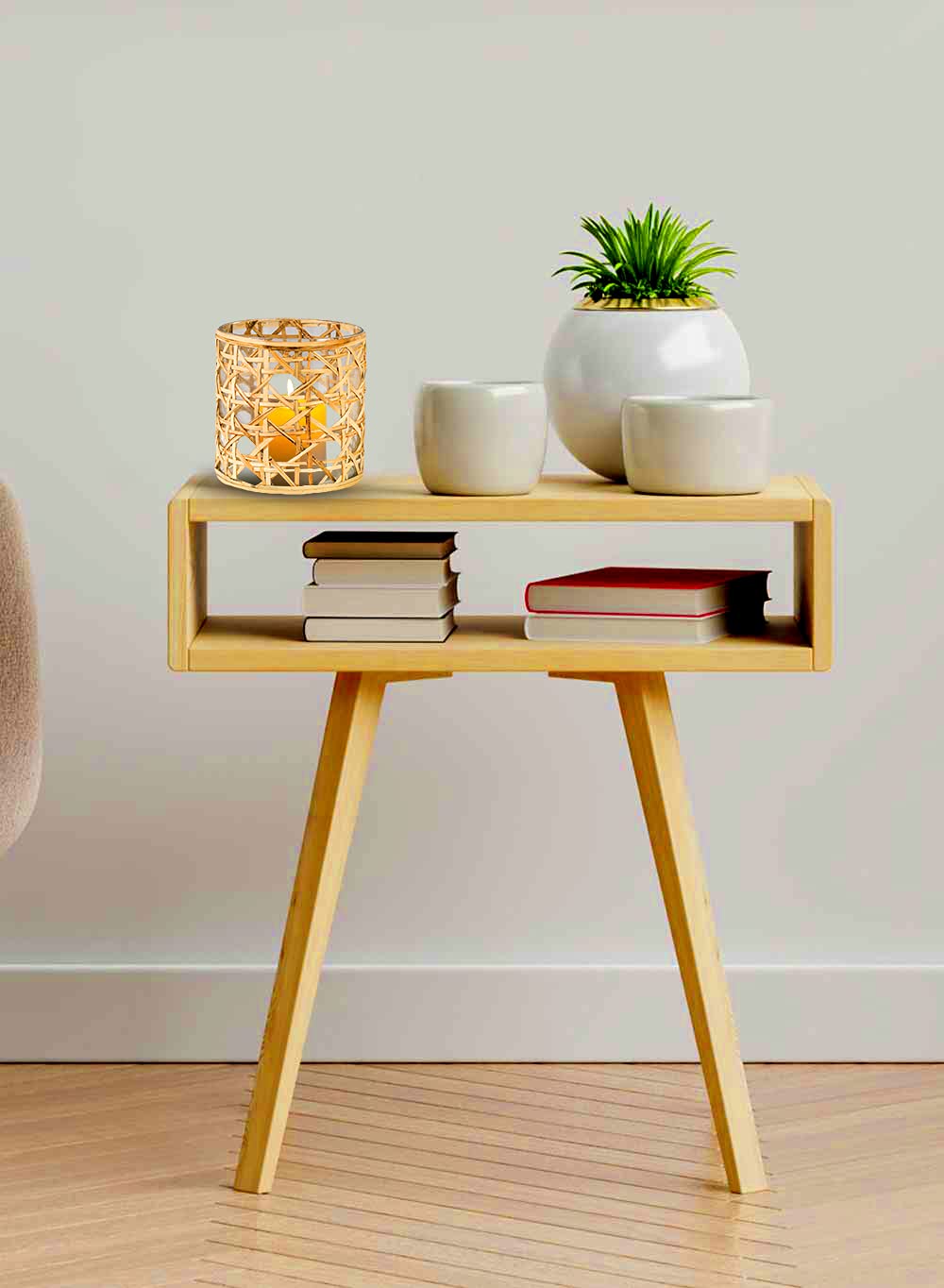 Serene Spaces Living Saigon Cane Wrapped Glass Hurricane Candle Holder, Candle Centerpieces for Tables, Wedding Reception Vases, for Living Room, Fireplace Mantel, Measures 4.75" Tall & 4.5" Diameter