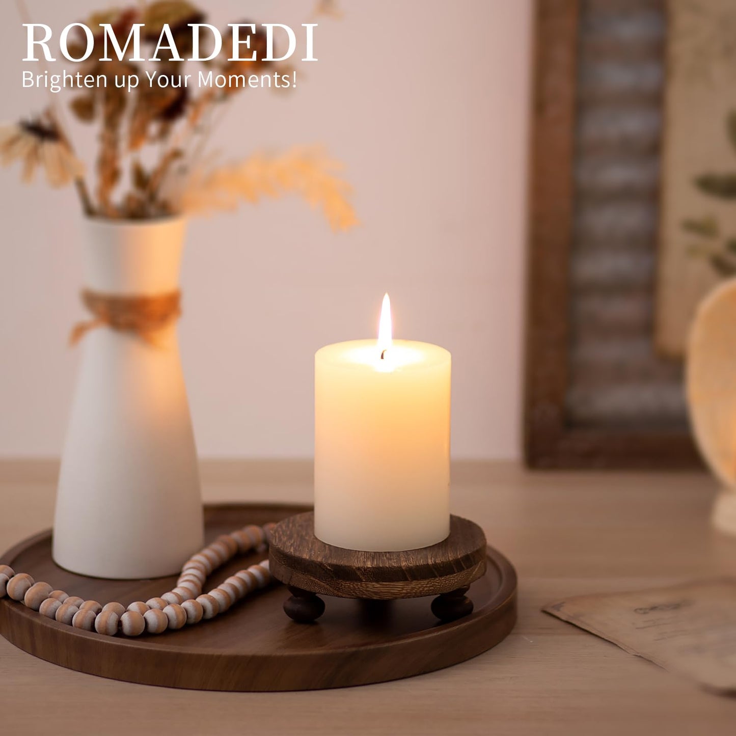 Romadedi Farmhouse Wood Riser for Display- 2 pcs Rustic Decor Mini Wooden Pedestal Decorative Round Tray for Home Table Bathroom Counter Shelf Kitchen, Brown