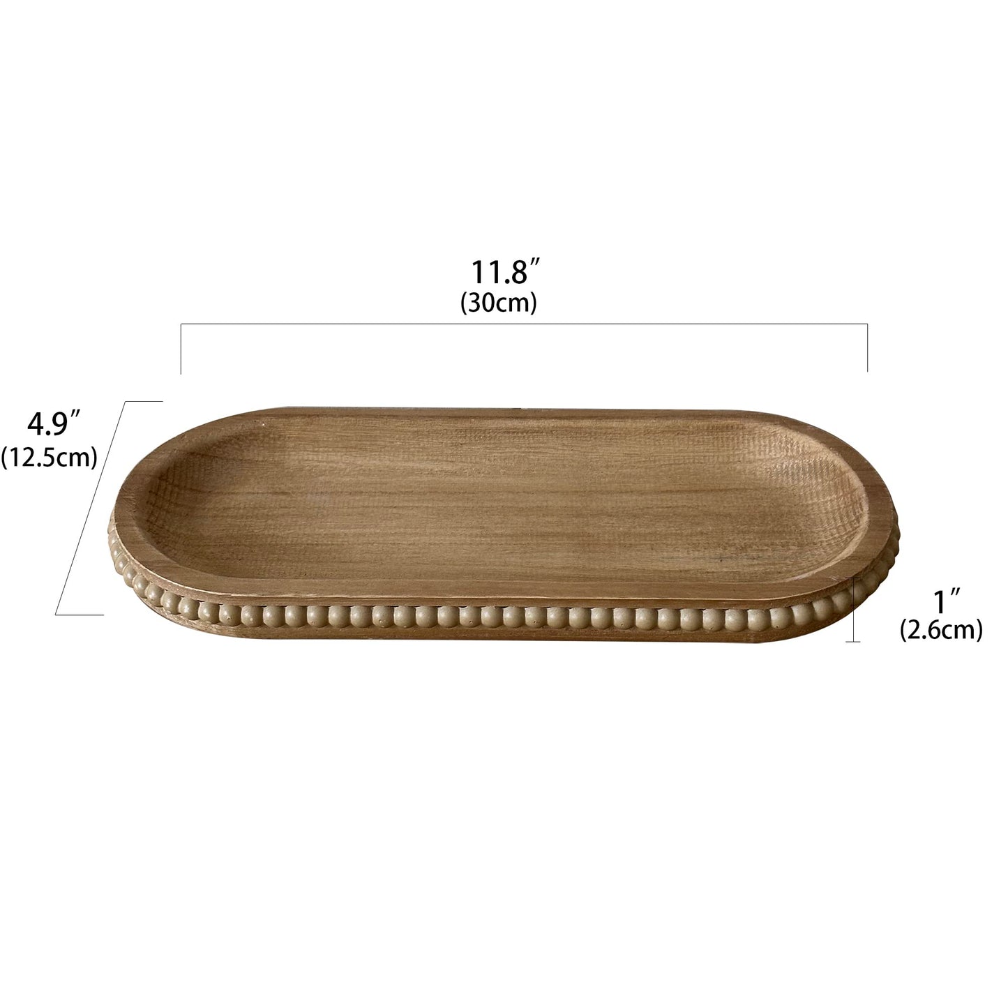 dwellington Wooden Farmhouse Decorative Tray, 12in Rustic Beaded Tray for Living Room Decor, Kitchen Table Décor, Oval Coffee Table Serving Tray (Natural)
