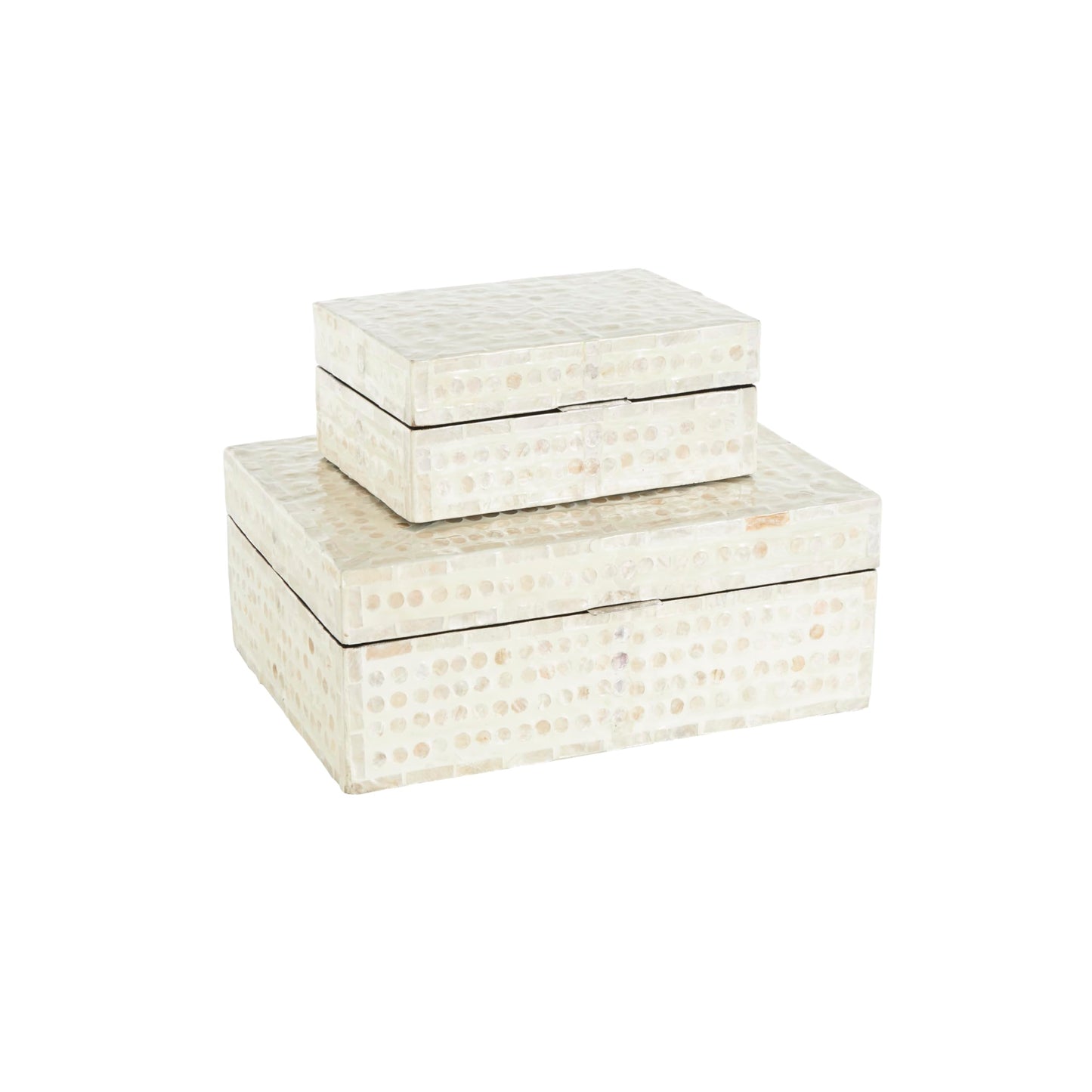 Deco 79 Mother of Pearl Shell Geometric Handmade Decorative Box Mosaic Dot Storage Decorative Keepsake Box with Brown Accents, Set of 2 Storage Box 12", 8"W, Cream