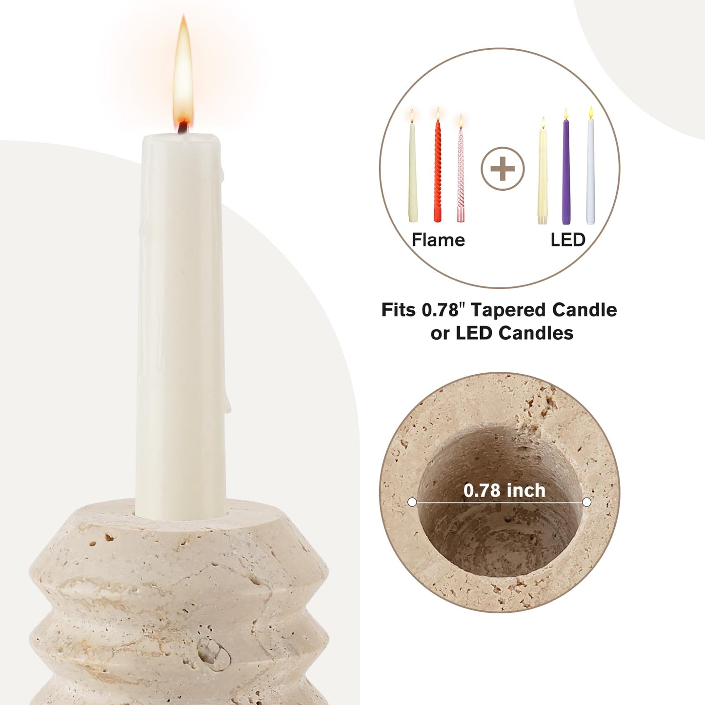 WORHE Candle Holders True Natural Travertine Stone 0.4" Thick, Set of 2 Premium Marble Candlestick Holder for Wedding Dinning Party, Candle Stand for 3/4 inch Thick Candles Color White (ZT002)