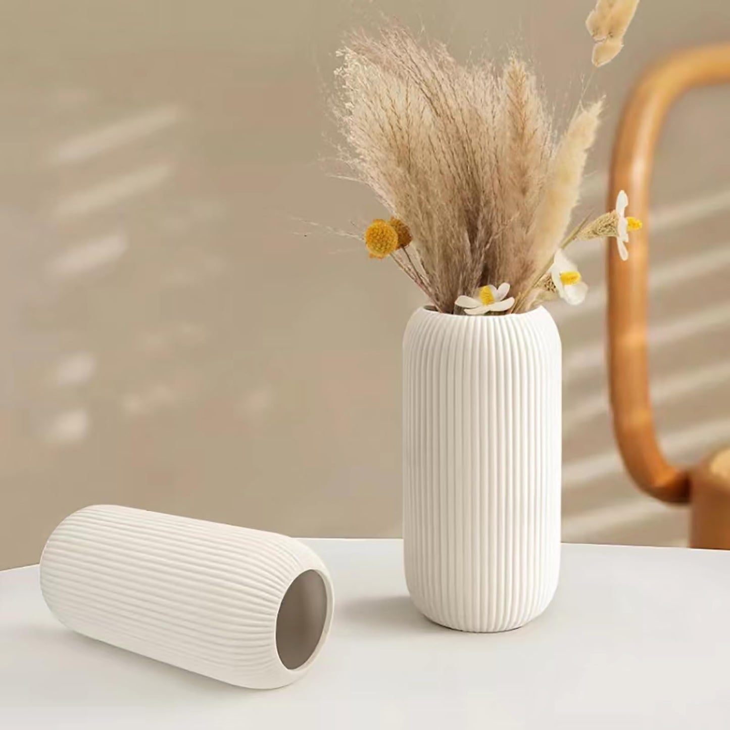 White Ribbed Flower Vase
