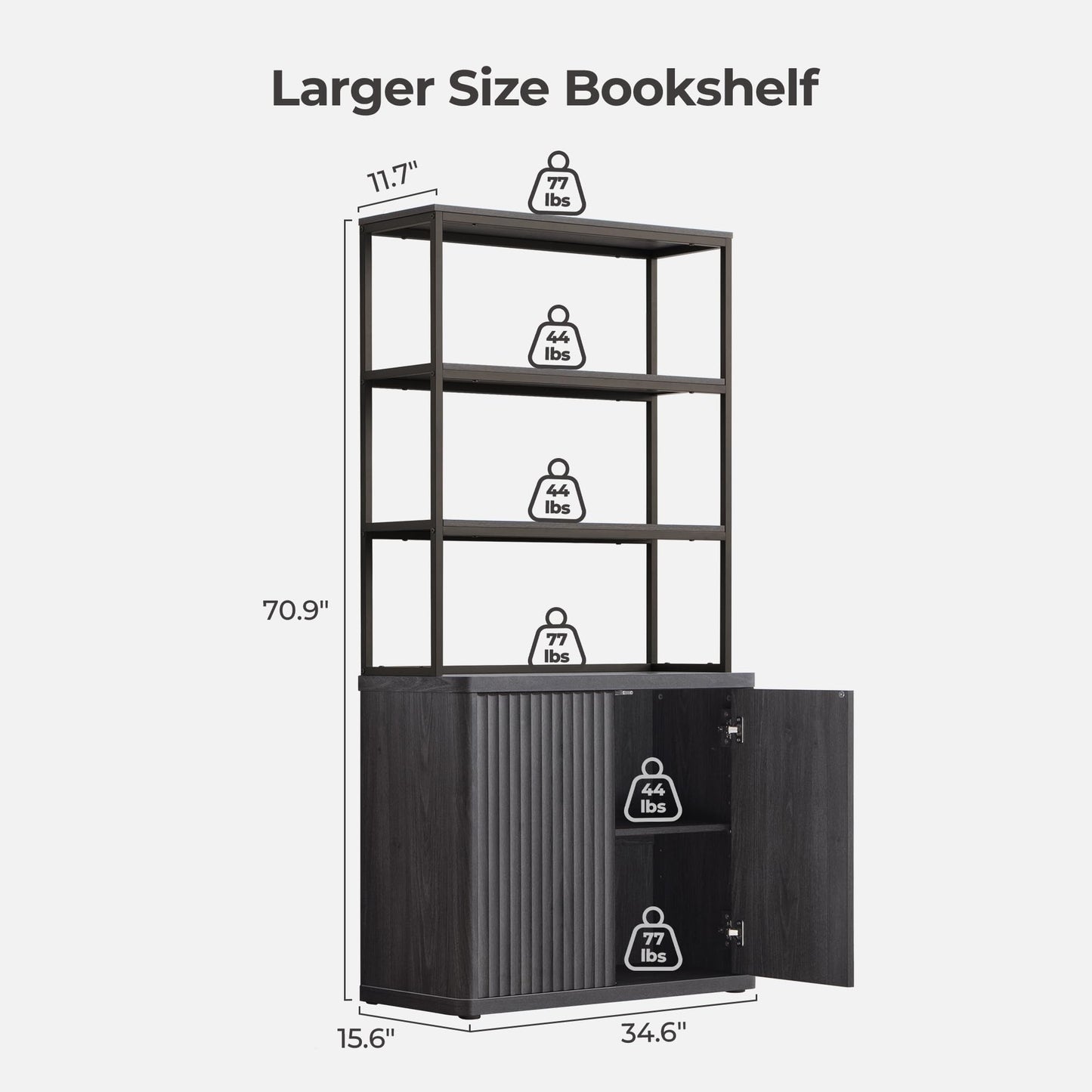 SICOTAS Book Shelf Fluted Bookshelf 71" Tall Bookcase with Doors Storage 5 Tier Mid Century Modern Bookshelves Large Shelves Metal Book Cases for Living Room Office Bedroom Kitchen Library (Black)