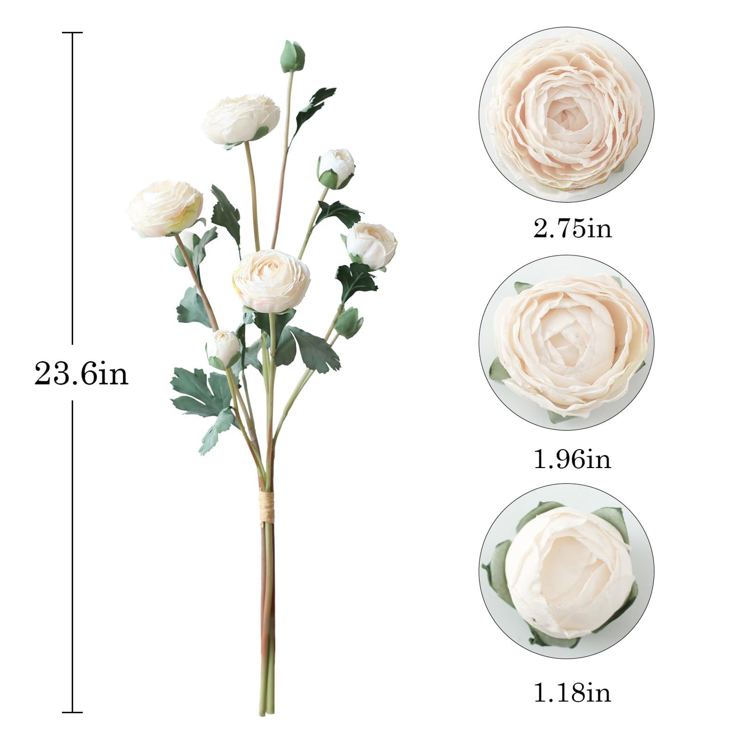 LILUYTO 6Pcs Realistic Silk White Ranunculus Artificial Flowers Long Stems, 23.6" Tall Fake Flowers Faux Flowers Suit for Year-Round Home Decoration, Wedding, Bridal Bouquets, Office