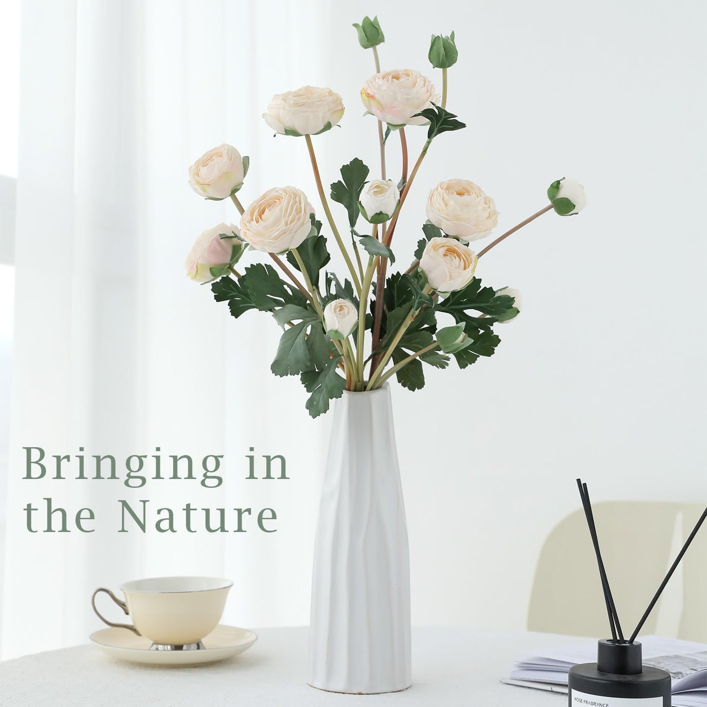 LILUYTO 6Pcs Realistic Silk White Ranunculus Artificial Flowers Long Stems, 23.6" Tall Fake Flowers Faux Flowers Suit for Year-Round Home Decoration, Wedding, Bridal Bouquets, Office