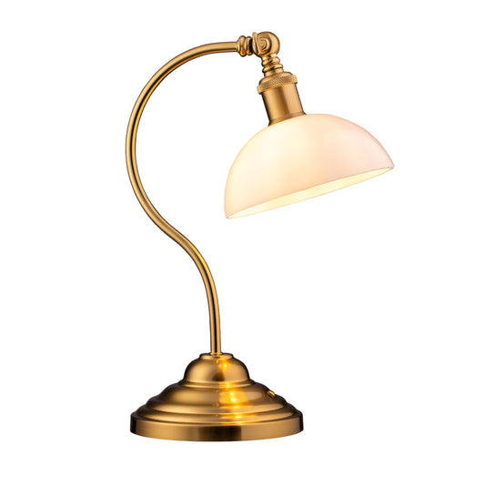 O'Bright Bankers - Cordless LED Table Lamp, Battery-Operated, Rechargeable, 3-Level Dimming, Universal USB-C Charging, 180° Swivel Head, White Jade Glass Shade, Antique Brass