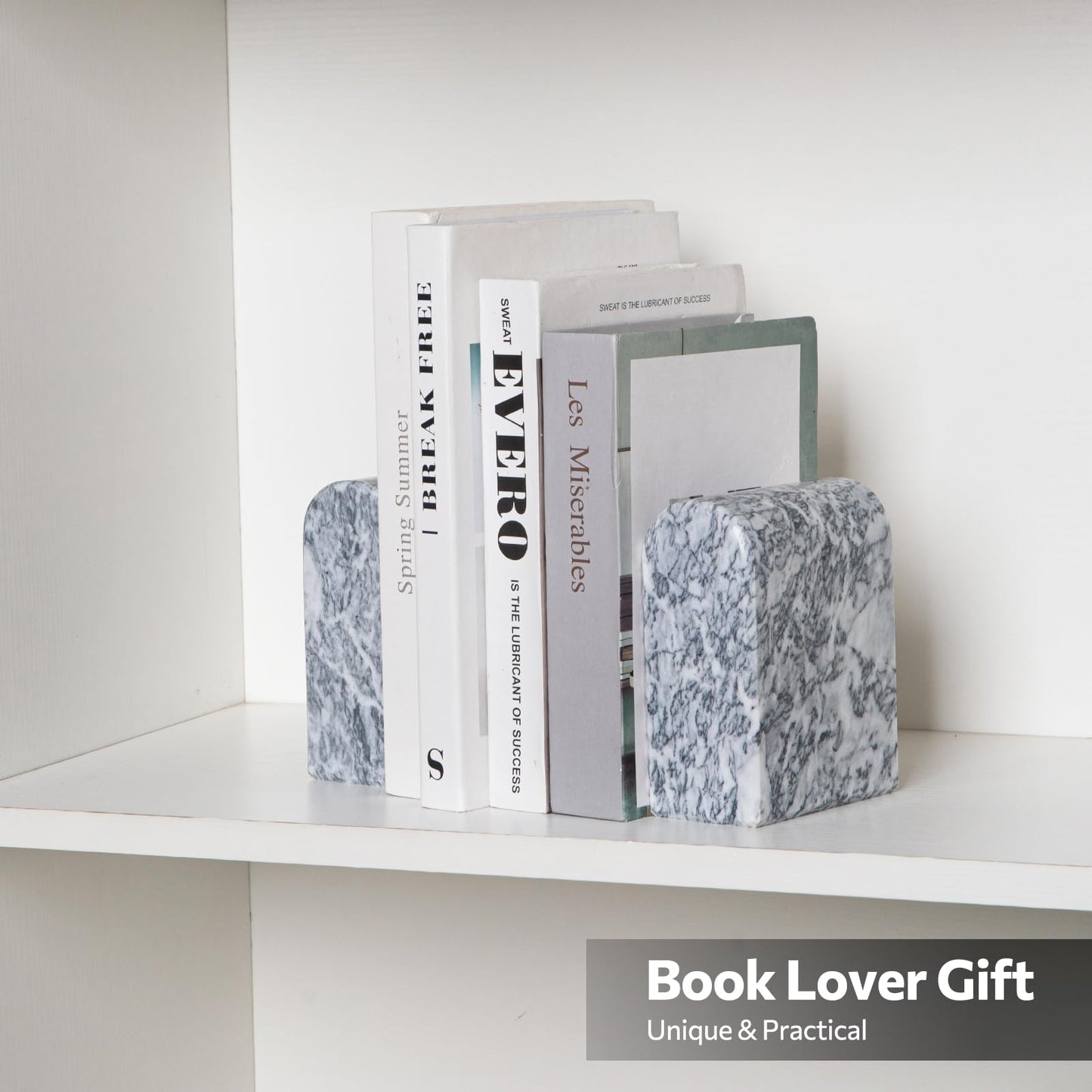 Faticdorr Natural Marble Bookends for Shelves, 13LB Heavy Duty Marble Book Ends for Heavy Books, Stone Bookends Decorative, Polished, Grey Arch, Set of 2