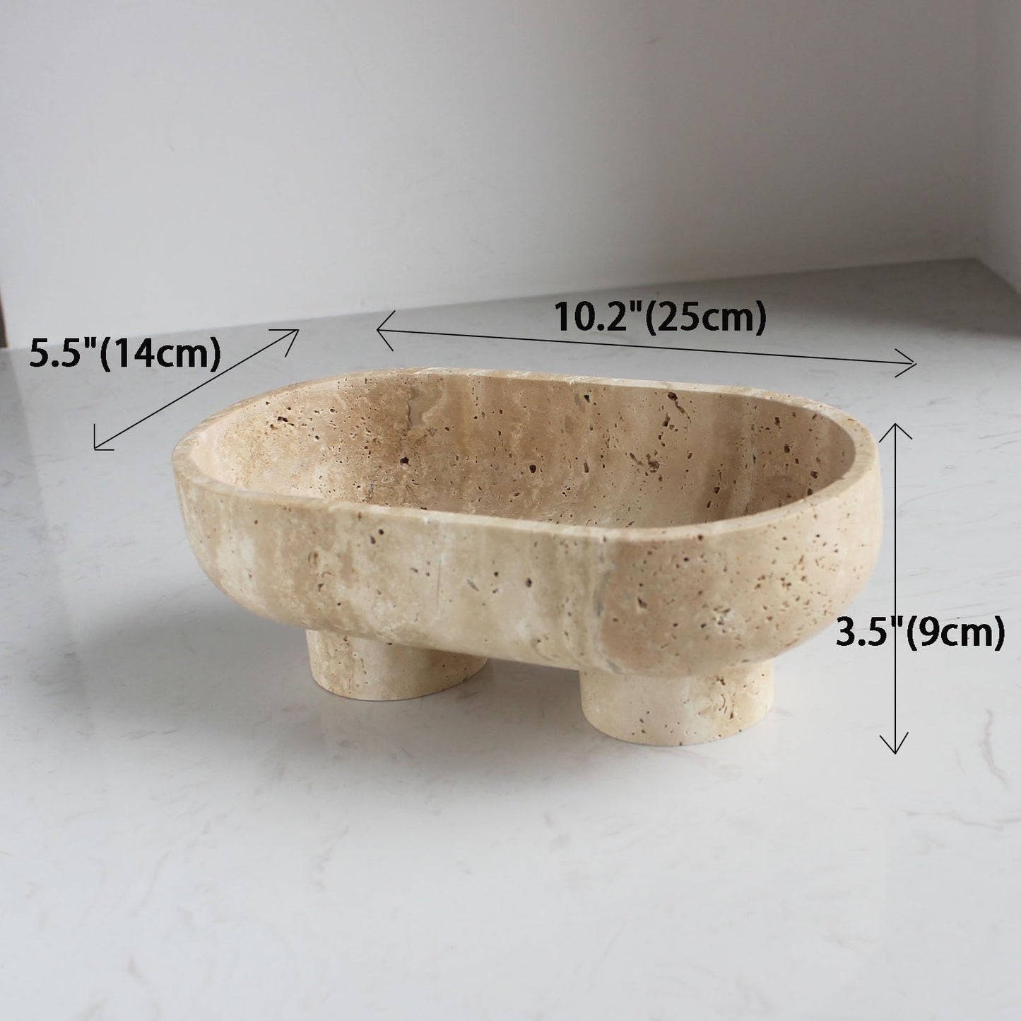 Natural Oval Travertine Fruit Bowl for Kitchen Counter 10", Large Decorative Bowl Two-Legs for Home Decor, Fruits Holder For Dining Table - Kitchen Organization