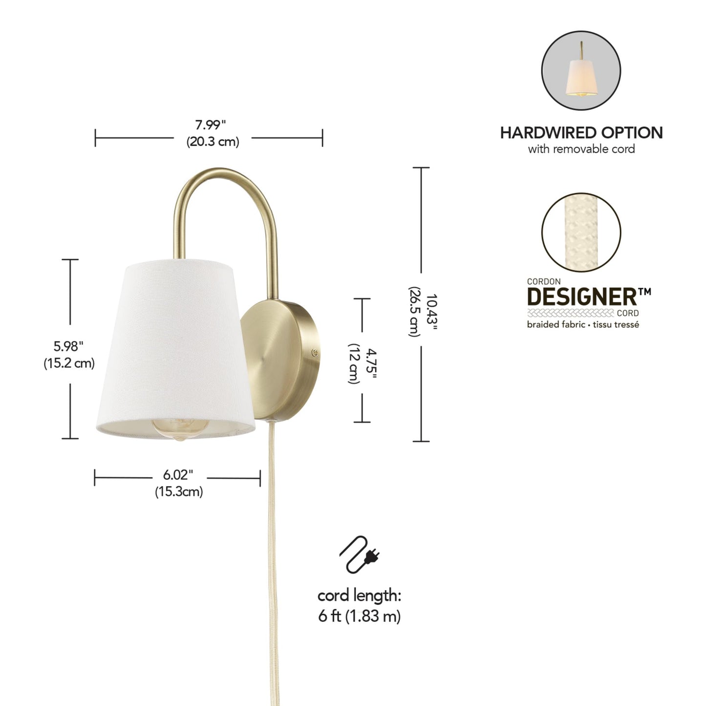 GLOBE Electric x Novogratz 65000053 1-Light Hardwire or Plug-in Wall Sconce, Matte Brass, White Textured Shade, Arched Arm, Lighting, Home Decor, Lights for Bedroom Plug in