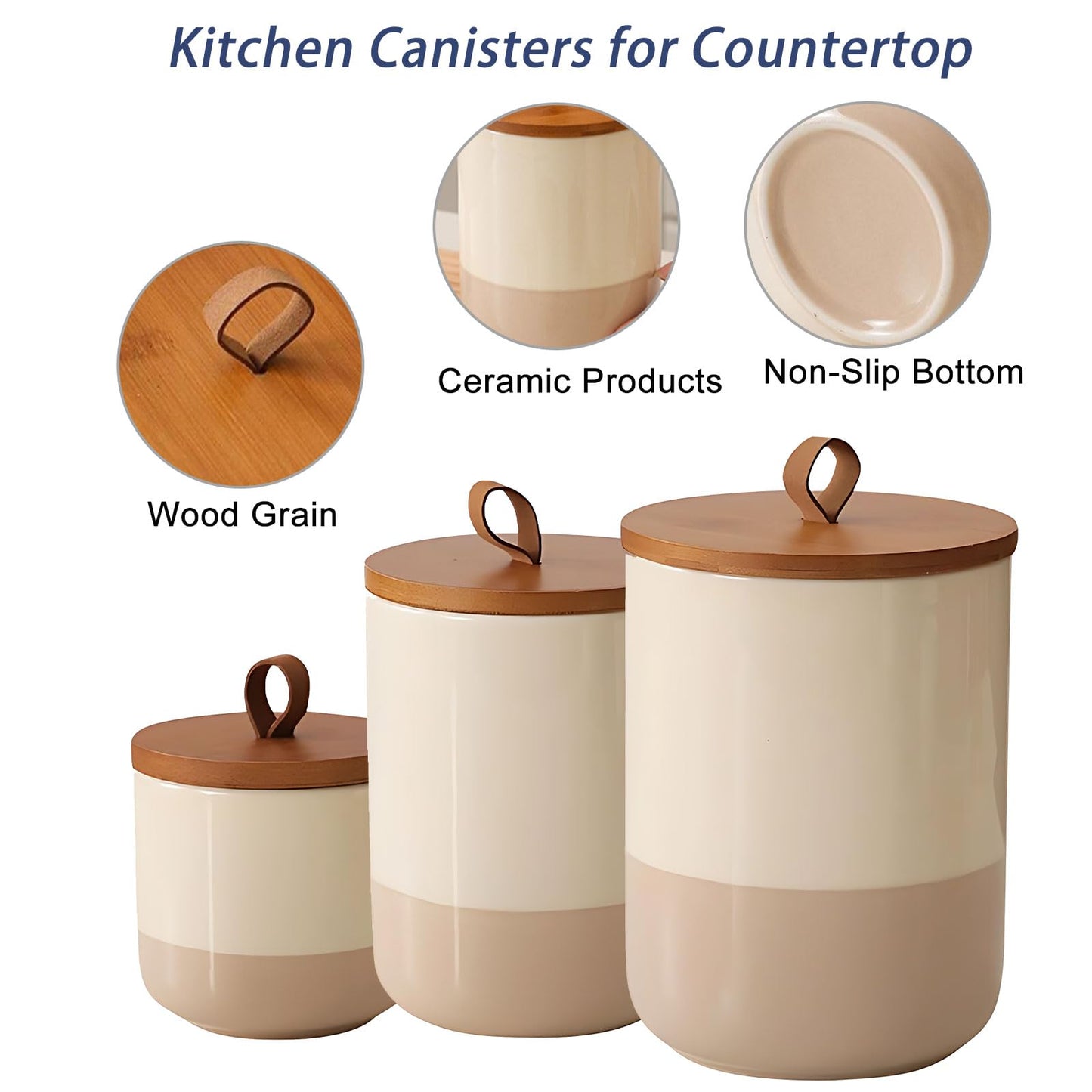 Jueison Coffee Canister, Ceramic Food Storage Jars with Lids Salt Matcha Container Brown Sugar Container Bowl for Kitchen Tea, Coffee Beans, Spice (#001Khaki-Set of 3)