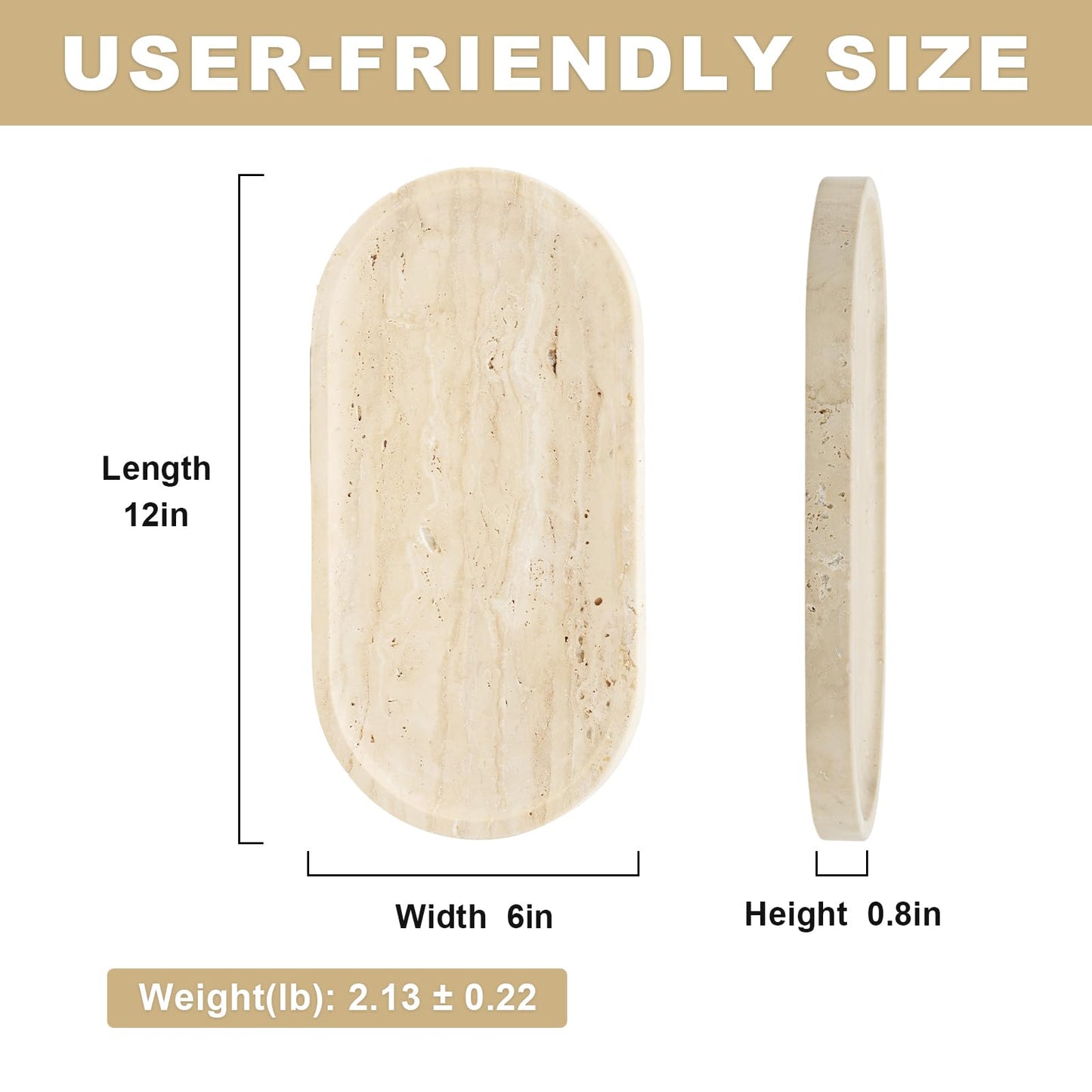 Koville Italian Natural Travertine Vanity Decorative Marble Tray, 12"x6" Light Beige Travertine Wabi Sabi Style Catchall Tray for Perfume, Candles, Jewelry