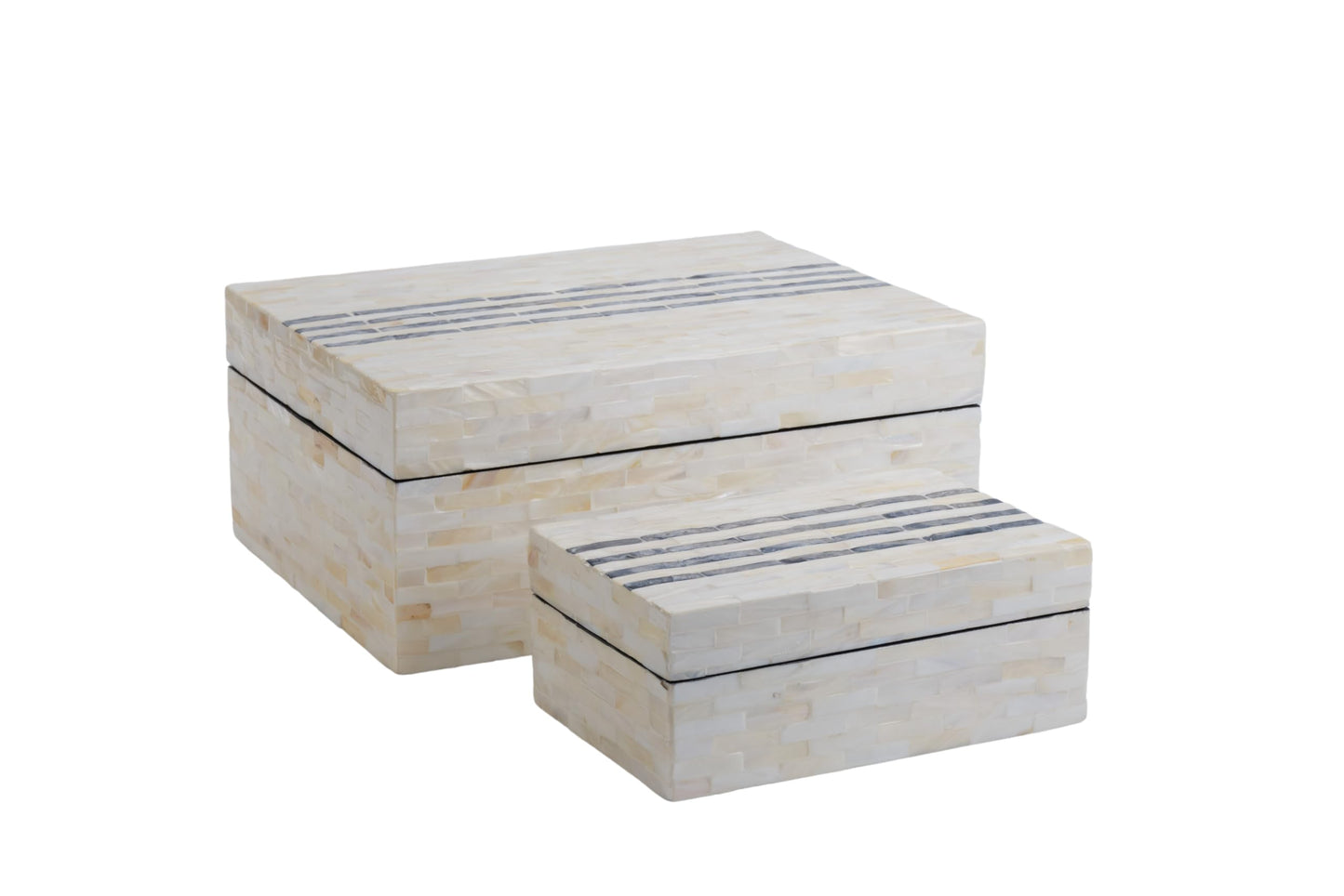 PEMAR Set of 2 Mother of Pearl Decorative Boxes w Lids, Handmade Mosaic Keepsake Jewelry Box Treasure Chest, Shelf Decorative Wooden Box for Memory, Tea Bags, Coffee, Accessories (Black Stripes)