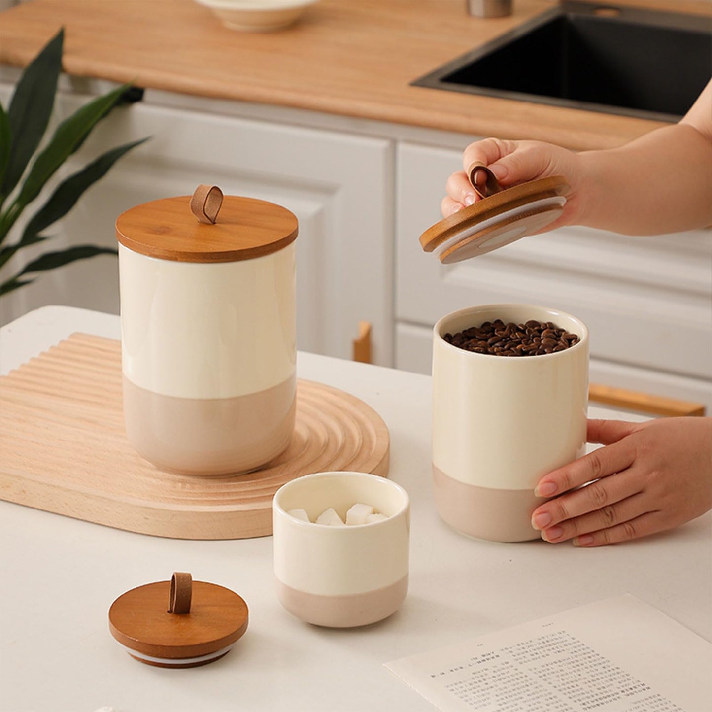 Jueison Coffee Canister, Ceramic Food Storage Jars with Lids Salt Matcha Container Brown Sugar Container Bowl for Kitchen Tea, Coffee Beans, Spice (#001Khaki-Set of 3)