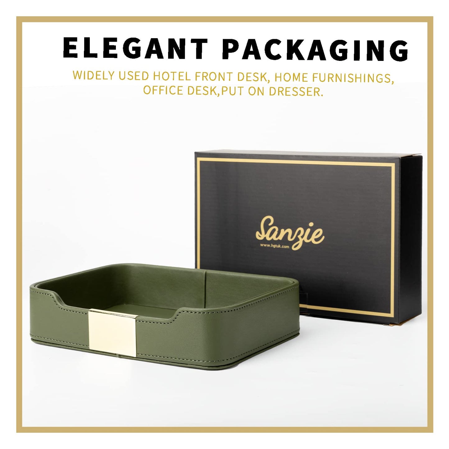 SANZIE Luxury Leather Tray Desktop Storage Catchall Organizer Decorative Tray for Entryway Table to Hold Jewelry Watch Keys Phone Wallet (Metal Glided, Green)