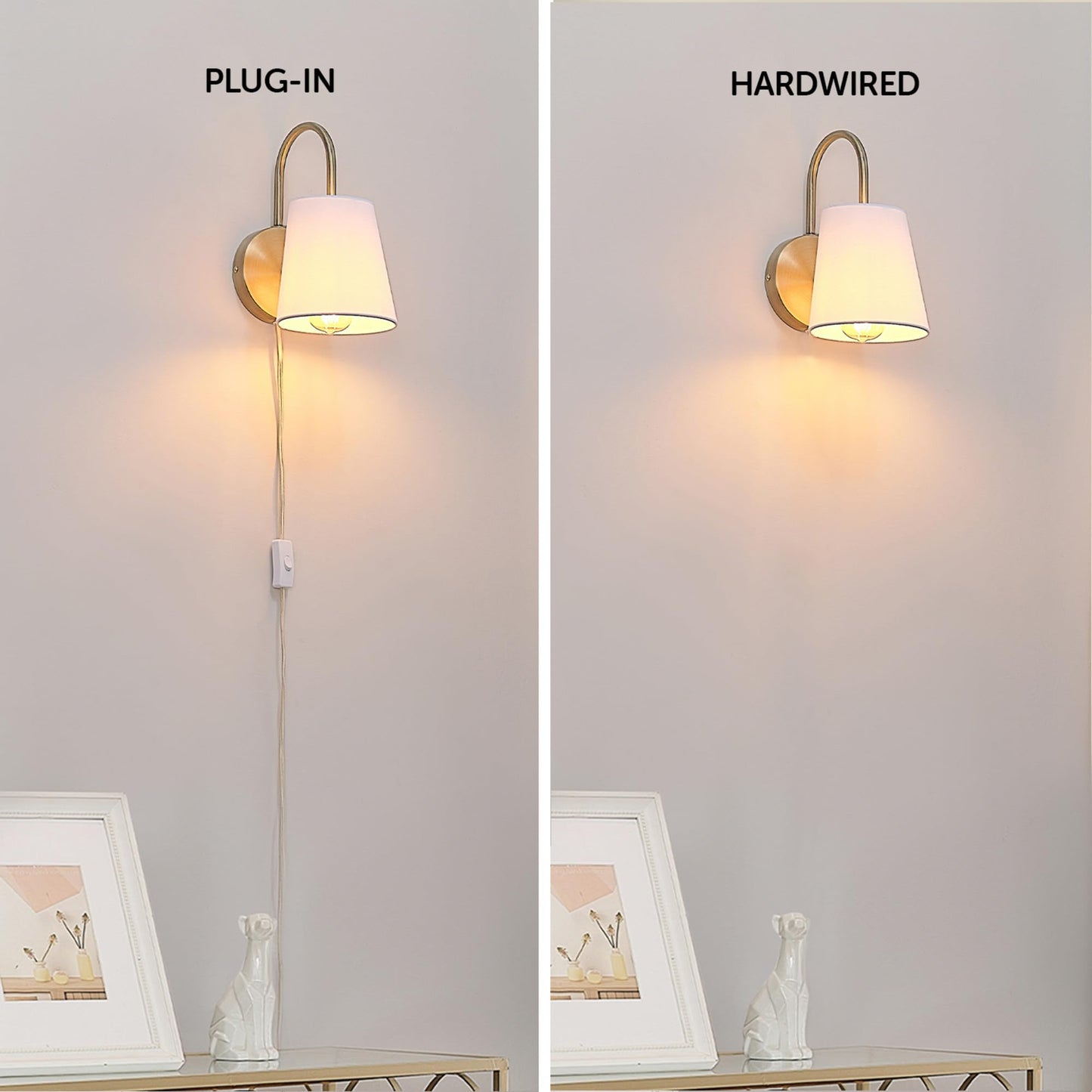 GLOBE Electric x Novogratz 65000053 1-Light Hardwire or Plug-in Wall Sconce, Matte Brass, White Textured Shade, Arched Arm, Lighting, Home Decor, Lights for Bedroom Plug in