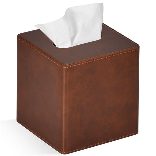 GOLRANLYE Tissue Box Cover Square PU Leather Facial Tissue Box Holder for Dresser Bathroom Decor (Brown)