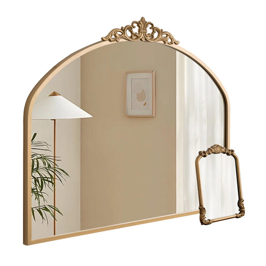 1 Set Vintage Mirror 36x29 Gold Antique Baroque Arched Ornate Traditional Brass Mirror and 8.5x12 Vintage Vanity Makeup Desk Table Mirror for Bathroom Entryway Living Room Hallway Fireplace