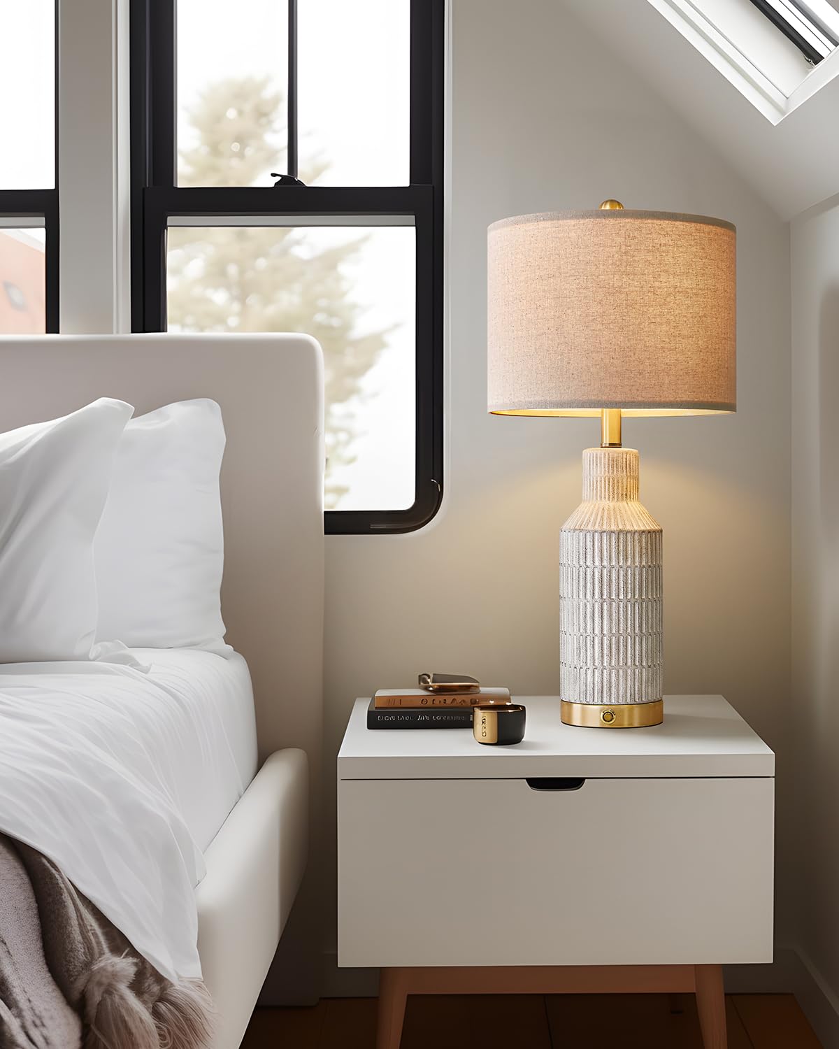 USumkky 25" Modern 3-Way Dimmable Touch Control with USB A+C Ceramic Lamps Set of 2 Table Lamp for Living Room Bedroom Farmhouse Nightstand Bedside Lamps (White-Washed)