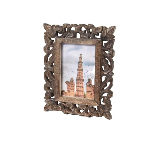 indoStrides Hand Carved Mango Wood Rustic 5x7 Picture Frame with Real Glass - Aesthetic Vintage Wood Frame for Tabletop and Wall Mount Use - Rustic Home Decor Perfect for Your Memories