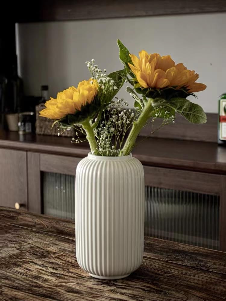 Eweeh White Ceramic Vase, Modern Minimalist Style Vase, Oval Shaped Flower Vase, Tall Porcelain Floral Arrangement for Home Décor, Cylinder Bouquet Holder (White 3)