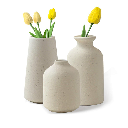 LOJAYUVE Beige Ceramic Vases Set of 3 for Pampas Grass & Dried Flowers, Creative Modern Boho Farmhouse Décor, Small Ceramic Vase for Shelf, Desk, Bookshelf and Entryway