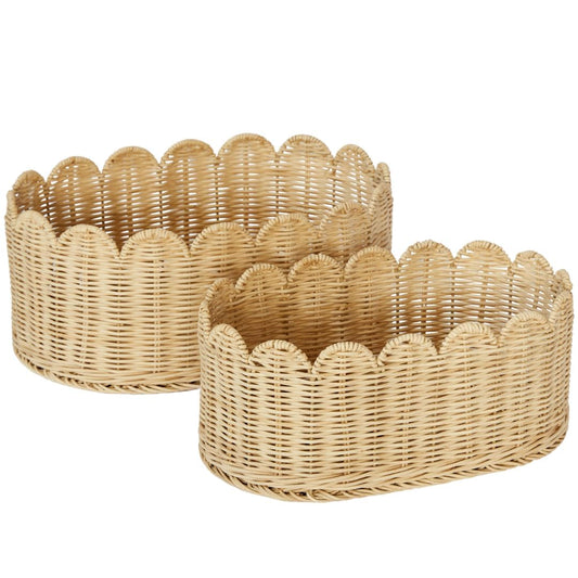BEBE BASK Premium Scalloped Basket Set Of 2 - Scallop Basket - 16 x 10 x 7 Inch - Hand-Woven Elegant Wicker With Scalloped Edge - Nursery Storage (Natural)