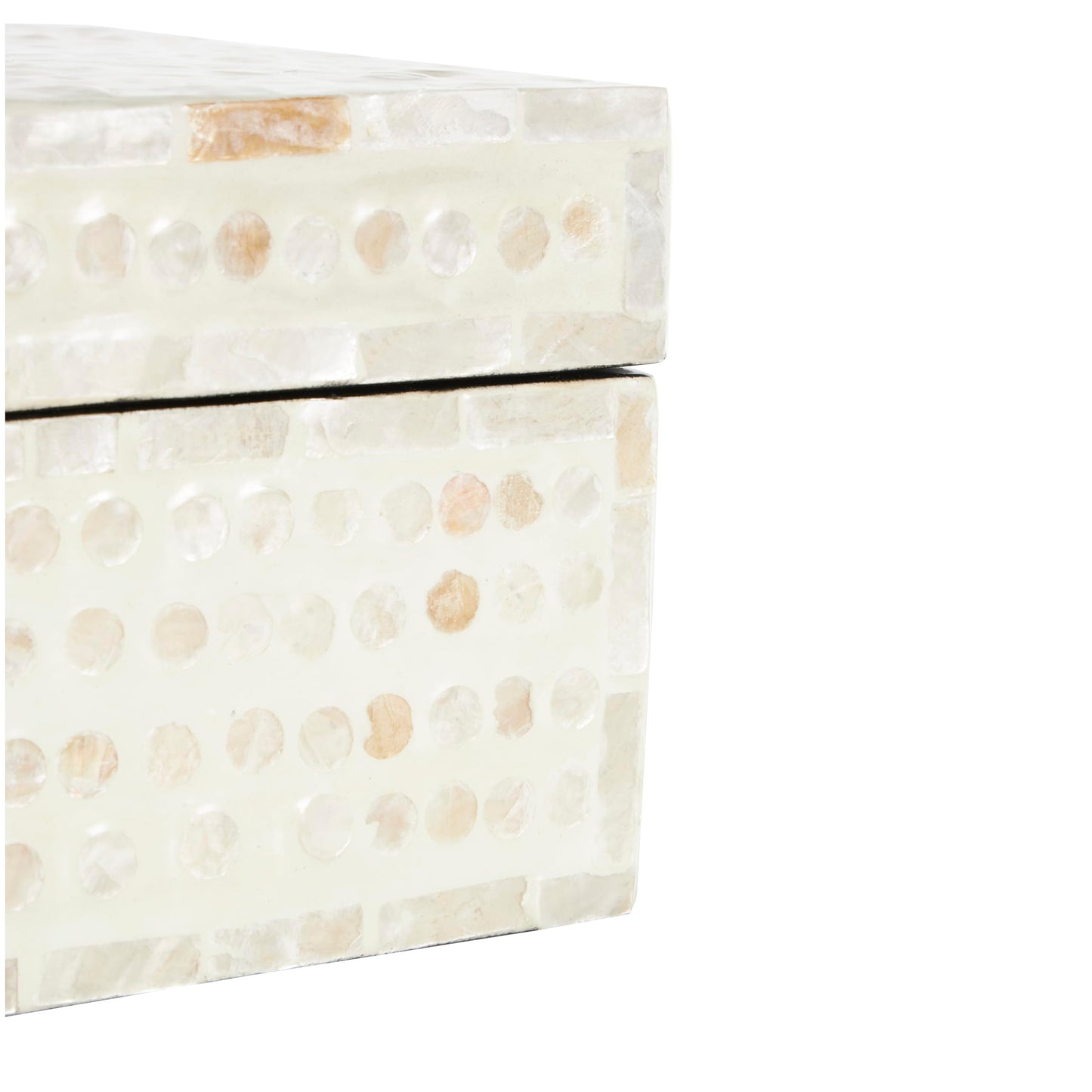 Deco 79 Mother of Pearl Shell Geometric Handmade Decorative Box Mosaic Dot Storage Decorative Keepsake Box with Brown Accents, Set of 2 Storage Box 12", 8"W, Cream