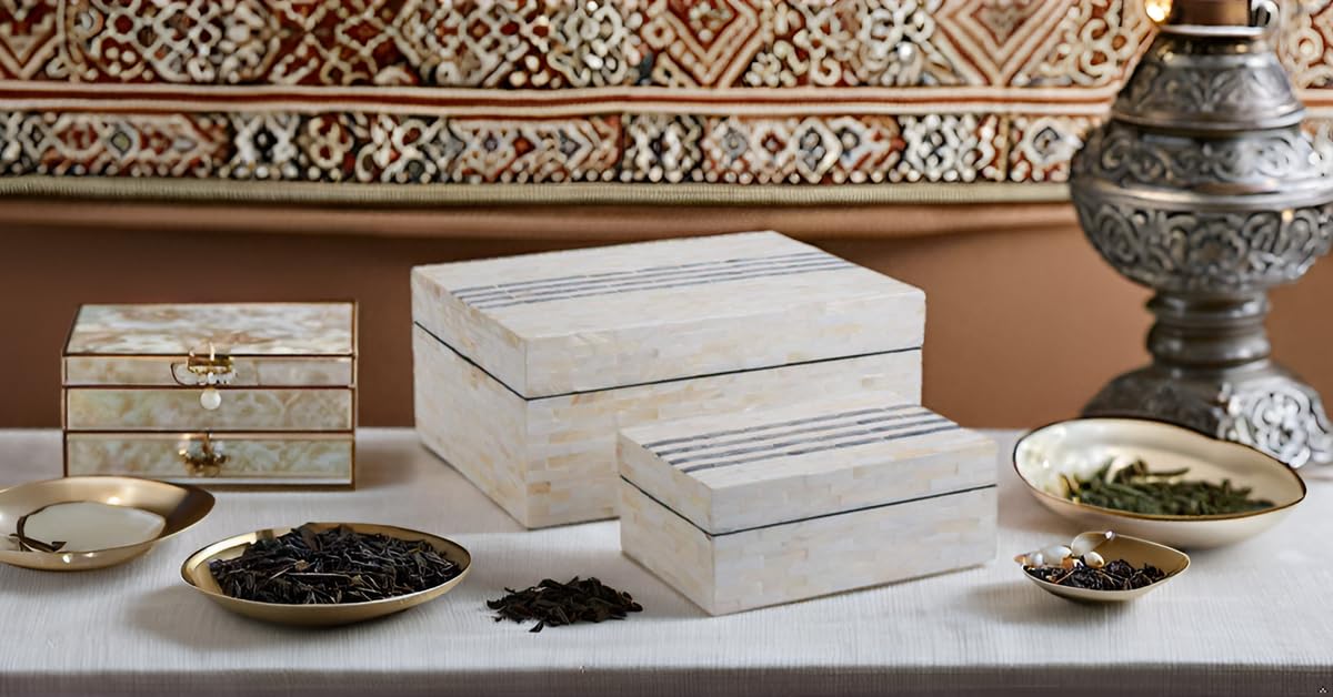 PEMAR Set of 2 Mother of Pearl Decorative Boxes w Lids, Handmade Mosaic Keepsake Jewelry Box Treasure Chest, Shelf Decorative Wooden Box for Memory, Tea Bags, Coffee, Accessories (Black Stripes)